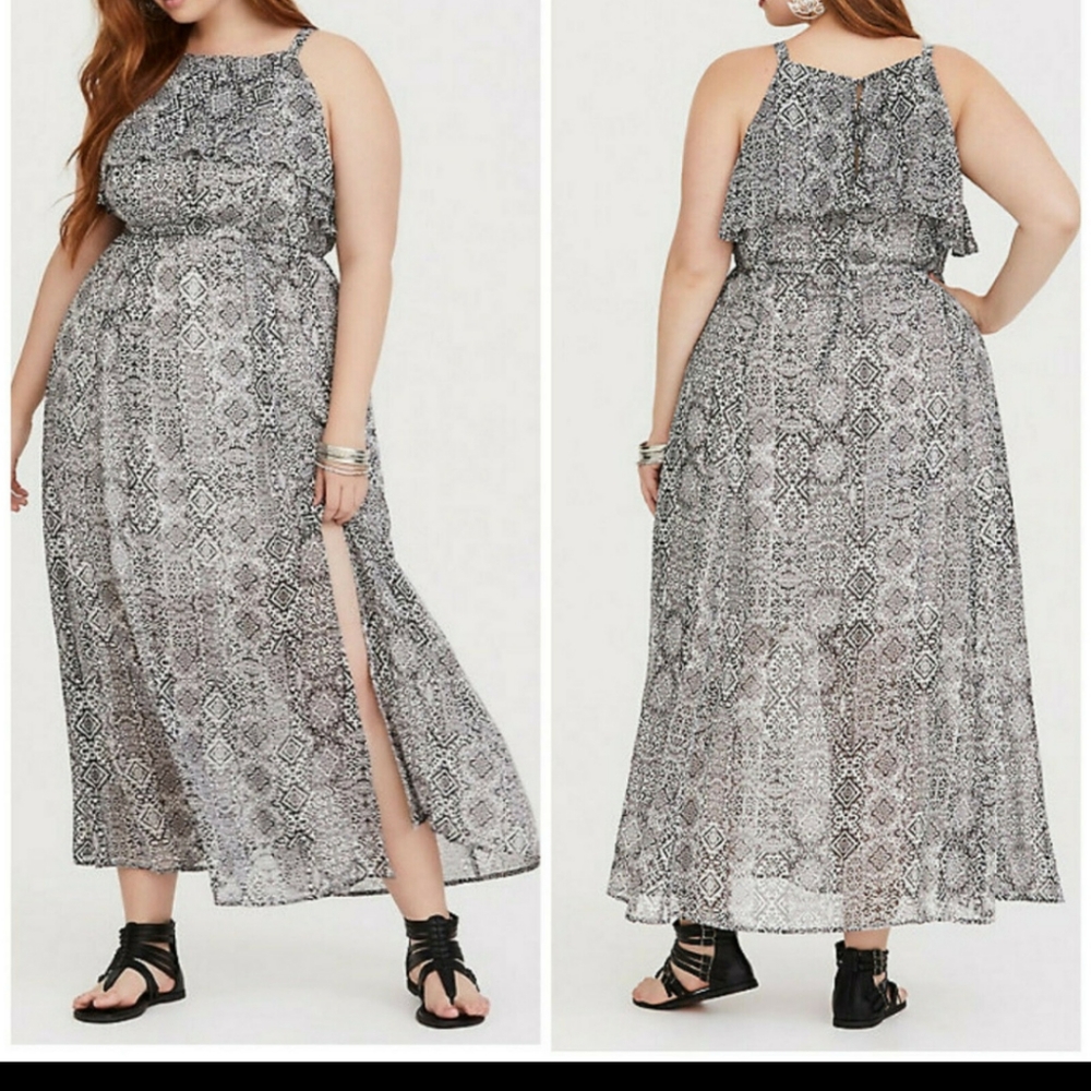 Torrid ikat high neck ruffle chiffon tank maxi dress